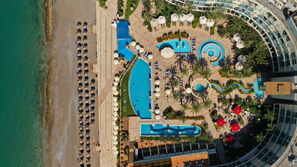 Aerial drone photo of famous seaside area Casino resort of Loutraki, Greece