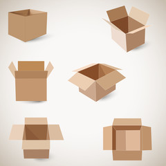 Flat vector packaging carton boxes set. Set of isometric cardboard boxes. Delivery box package. Vector illustration isolated on white background.