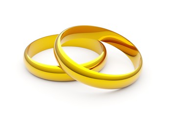 Two golden wedding or marriage or engagement rings over white background - 3D illustration
