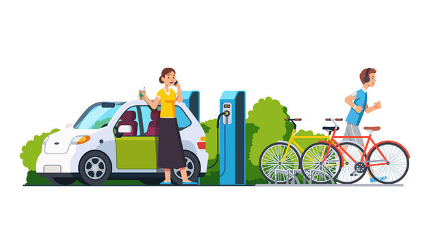 woman charging car, talking, man running, bikes clip art preview