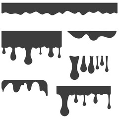 Black melt drips or liquid paint drops. Vector graffiti splatter splash or chocolate syrup and oil leak borders. Black chocolate melt liquid splash border.