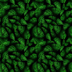 green tropical leaves drawn with texture on a dark background
