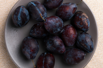 Fresh appetizing plums in a gray bowl, summer concept, copy space.