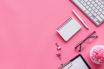 Female pink work desk flat lay space for text top view