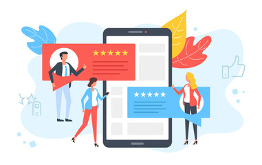 Customer reviews. People rate, comment, recommend and give 5 stars. Positive feedback, client satisfaction concepts. Mobile phone with testimonials on screen. Modern flat design. Vector illustration