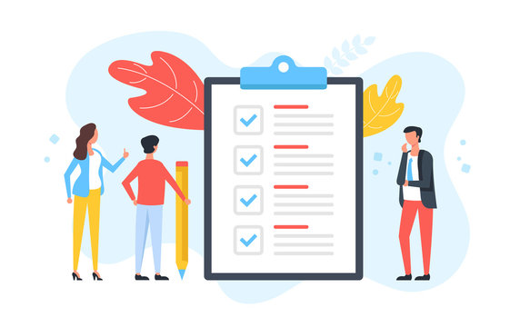 Checklist. Group of people and clipboard with check list and checkmarks. Business plan, marketing strategy, survey, complete tasks, teamwork success concepts. Modern flat design. Vector illustration