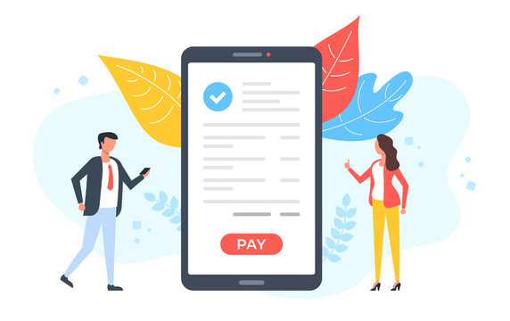 Mobile payment. People and smartphone with check mark and pay button on screen. Pay with your phone, online shopping, payment app, digital transaction concepts. Modern flat design. Vector illustration