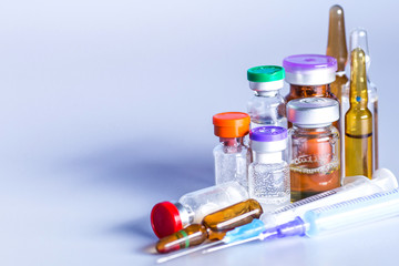 Drug prescription for treatment medication. Pharmaceutical medicament, cure in container for health. Pharmacy theme, capsule pills with medicine antibiotic in packages.