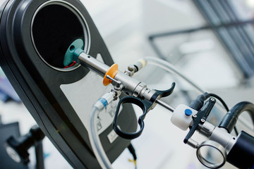 Professional medical endoscope with steel body.