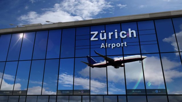 Jet aircraft landing at Zurich (Z&uuml;rich) Switzerland 3D rendering animation. Arrival in the city with the glass airport terminal and reflection of the plane. Travel, business, tourism and transport.
