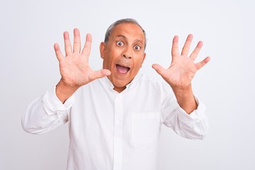 Senior grey-haired man wearing elegant shirt standing over isolated white background showing and pointing up with fingers number ten while smiling confident and happy.