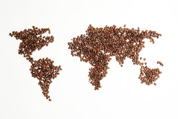 brown roasted coffee beans and coffee cup