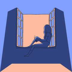 Vector illustration of a young woman smoking in open window at night. Woman with cigarette, alone. Flat cartoon style.