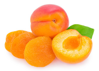 Fresh and dried apricot on white background