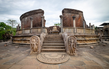 Polonnaruwa, Sri Lanka - 7 AUGUST 2019. The Polonnaruwa Vatadage - ancient Buddhist structure. Unesco ancient city of Polonnaruwa, one of the destination for travel, Sri Lanka