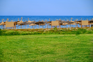 Fototapeta na wymiar Sea view near green lawn and beach with straw umbrellas