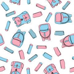 Pastel colored hand drawn seamless pattern made of backpacks and pencil cases. Vector illustration with school items for wrapping paper, backgrounds, wallpapers, etc.