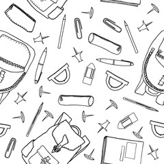 Hand drawn school stationery seamless pattern. Vector illustration with outline stationery items for wrapping paper, backgrounds, wallpapers, etc.