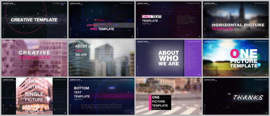 Presentations design vector template with technology backgrounds, glitches, lines, dots and circles. Templates for presentation slide, flyer leaflet, brochure cover. Hi-tech futuristic graphic concept