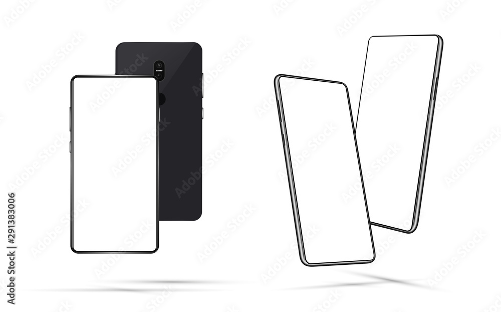 Poster smartphone mockups with white blank screen, frontal and rotated positions. mobile phones wireless co