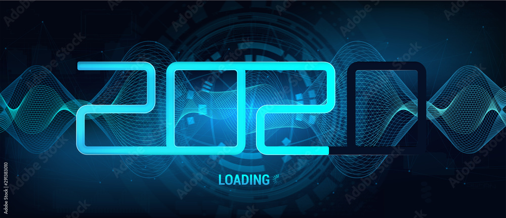 Poster 2020 technology banner. Happy New Year hi-tech concept. Digital data visualization with loading bar 2020. Futuristic style, Sky-fi, HUD. Vector illustration