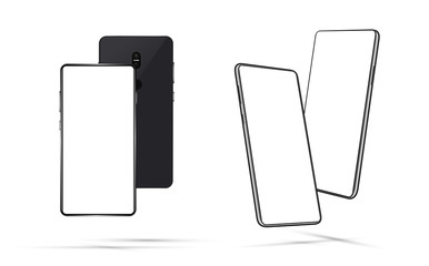 Smartphone Mockups with white blank screen, frontal and rotated positions. Mobile phones wireless communication, isolated. 3D realistic template UI,UX,KIT for presentation. Vector cell phone set