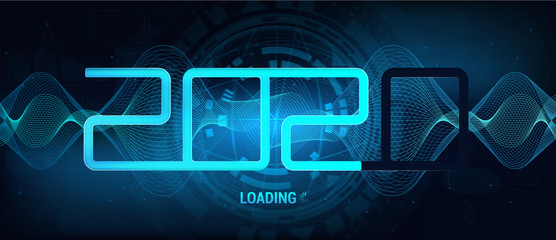 2020 technology banner. Happy New Year hi-tech concept. Digital data visualization with loading bar 2020. Futuristic style, Sky-fi, HUD. Vector illustration