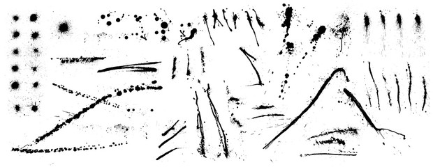 Black ink spots set. Blot texture, Inked splatter dirt stain spatter spray. Overlay illustration over any design to create grunge vintage effect and depth. Ink isolated set. Vector illustration