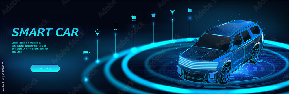 Poster Smart car isometric banner with icons and text. Abstract project of a smart or intelligent car in the form of a starry sky or space. X-ray hologram in HUD style. 3D Electric machine. IOT auto. Vector