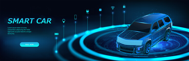 Smart car isometric banner with icons and text. Abstract project of a smart or intelligent car in the form of a starry sky or space. X-ray hologram in HUD style. 3D Electric machine. IOT auto. Vector