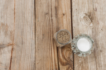 salt and pepper on the wood rustic table 