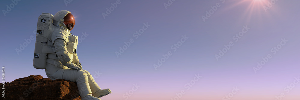 Canvas Prints astronaut sitting on a cliff enjoying the view over an alien world