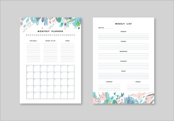 Weekly and Monthly Planner Layout with Illustrative Elements