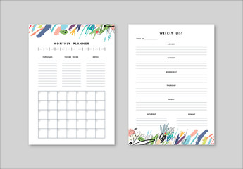 Weekly and Monthly Planner Layout with Illustrative Elements