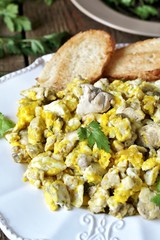 Scrambled eggs with brains of a cow, calf or sheep.The recipe for a dish with brains. Brains are pre-washed and boiled in brine with spices. Spanish cuisine sounds like 