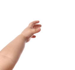 Little infant child baby kid hand with five fingers isolated on a white