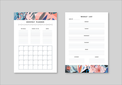 Weekly and Monthly Planner Layout with Illustrative Elements