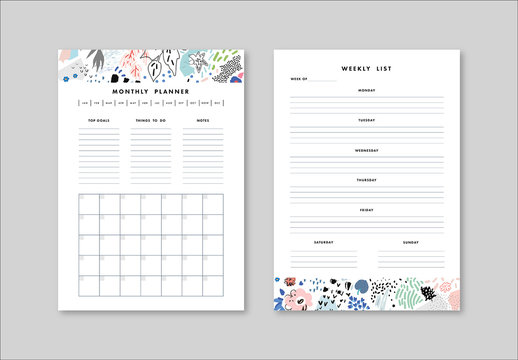 Weekly and Monthly Planner Layout with Illustrative Elements