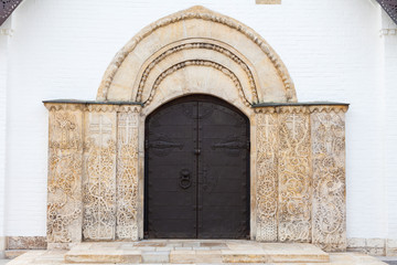 Fototapeta na wymiar Entrance to the church of the Martha and Mary Convent of Mercy with a unique entrance framing pattern