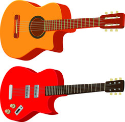 acoustic and electric guitar on white background