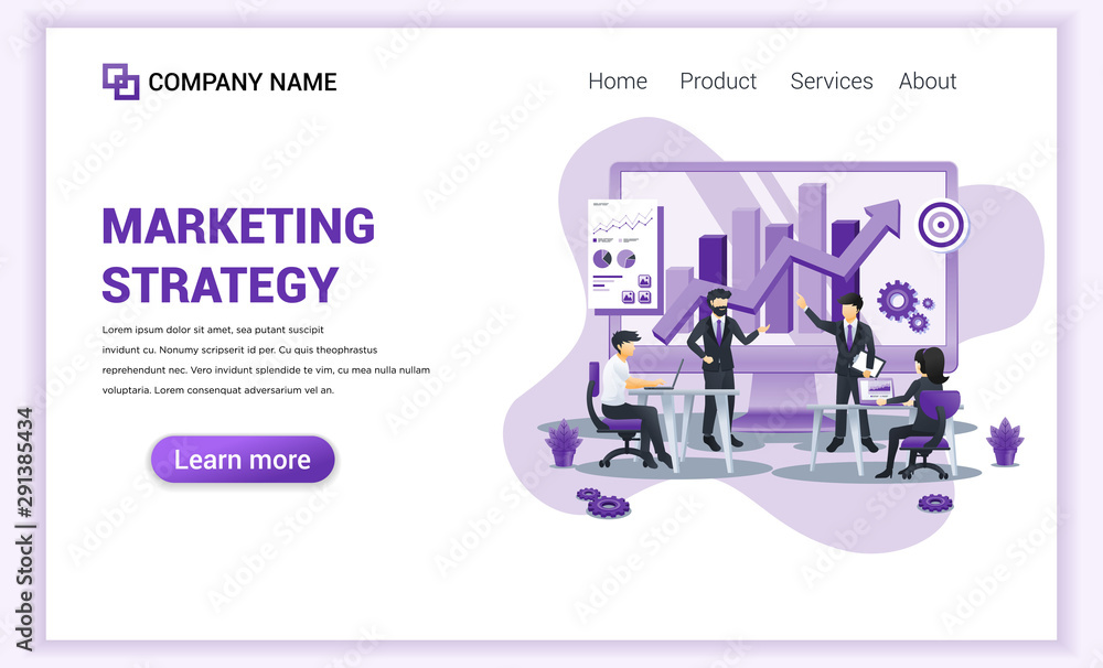 Aufkleber modern flat design concept of marketing strategy with characters in business meeting viewing data, c