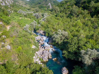The aerial view of rapids of the Cetina River in Croatia