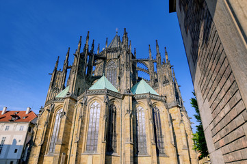 St. Vitus Cathedral inside of the Prague Castle complex built in the 9th century in Prague, Czech...