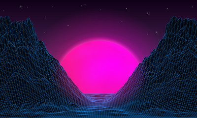 Wireframe background mountain landscape. 1980s retro wave style. Sci-Fi futuristic vector illustration of sunrise or sunset with starry sky.