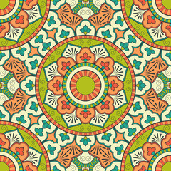 Decorative colorful ethnic seamless pattern for fabric or wrapping in oriental style. Hand drawn illustration