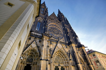 St. Vitus Cathedral inside of the Prague Castle complex built in the 9th century in Prague, Czech...