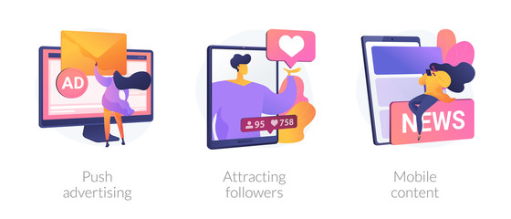 Social media blogger earnings icons set. Ad revenue, network page promotion ways. Push advertising, attracting followers, mobile content metaphors. Vector isolated concept metaphor illustrations.