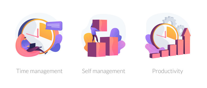 Performance increase ways icons set. Motivation and self discipline, goal achievement. Time management, self management, productivity metaphors. Vector isolated concept metaphor illustrations.