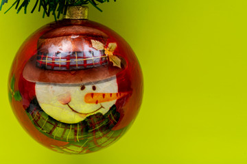 Vintage Ornament Christmas Decoration on bright yellow background. Winter Holidays concept.