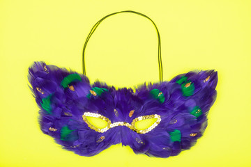 Venetian Colorful Cat Mask with Purple and Green Feathers. Fancy Vintage festive Mardi Gras or Carnival Mask on a bright yellow background. 